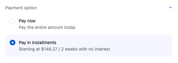 Payment option selection screen with 'Pay now' and 'Pay in installments' options.