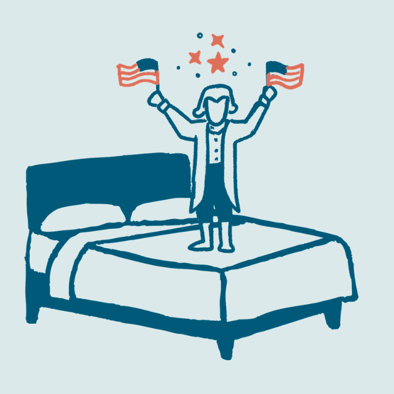 Illustration of George Washington standing on a Lucid bed, holding American flags and stars, on a light blue background.