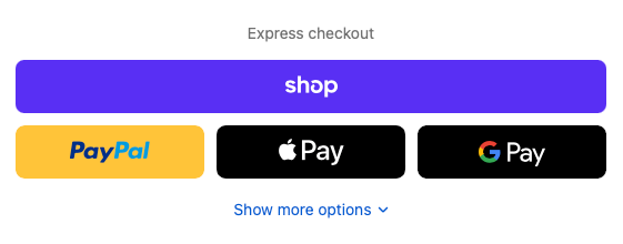 Express checkout buttons with PayPal, Apple Pay, and Google Pay logos